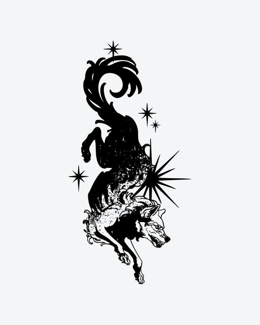 Star Wolf semi-permanent tattoo design by INKY – Wolf, Star illustration, 2 x 4 in (6x10 cm), available at inkytatt.com