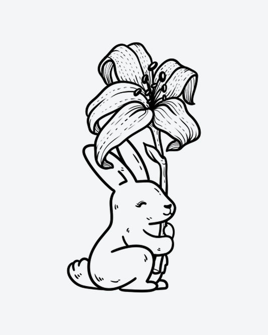 Bunny Lily semi-permanent tattoo design by INKY – Fine Line, Flower, Rabbit, Petal illustration, 2 x 4 in (6x10 cm), available at inkytatt.com