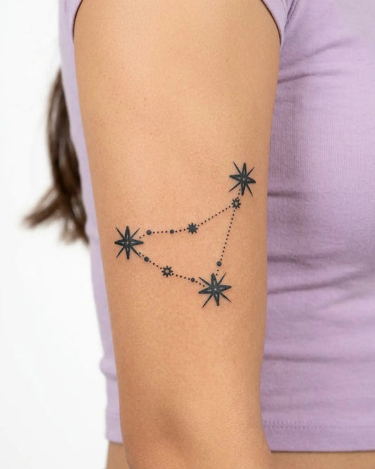 INKY Celestial Capricorn 2 semi-permanent tattoo applied on a woman – 3 x 3 in (7x7 cm) design, realistic ink look, lasts 10 days