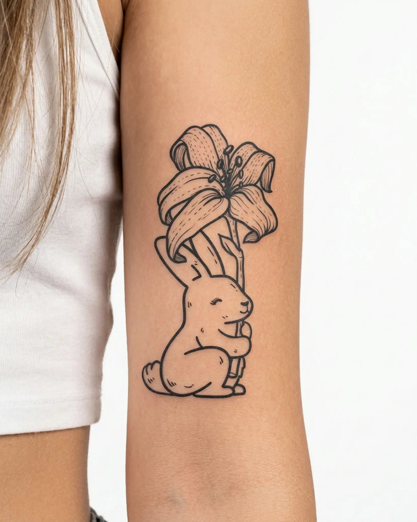 INKY Bunny Lily semi-permanent tattoo applied on a woman – 2 x 4 in (6x10 cm) design, realistic ink look, lasts 10 days