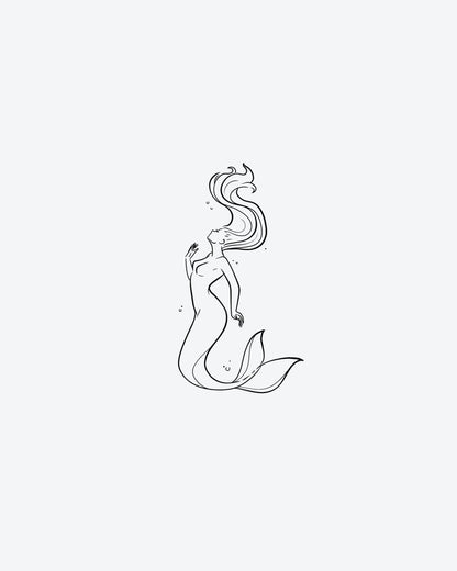 Ocean Siren semi-permanent tattoo design by INKY – Fine Line, Mermaid illustration, 2 x 4 in (6x10 cm), available at inkytatt.com