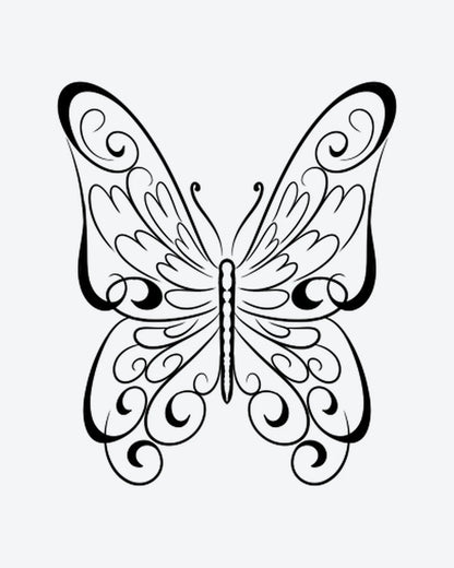 Swirl Butterf semi-permanent tattoo design by INKY – Butterfly, Pattern illustration, 2 x 2 in (4x4 cm), available at inkytatt.com