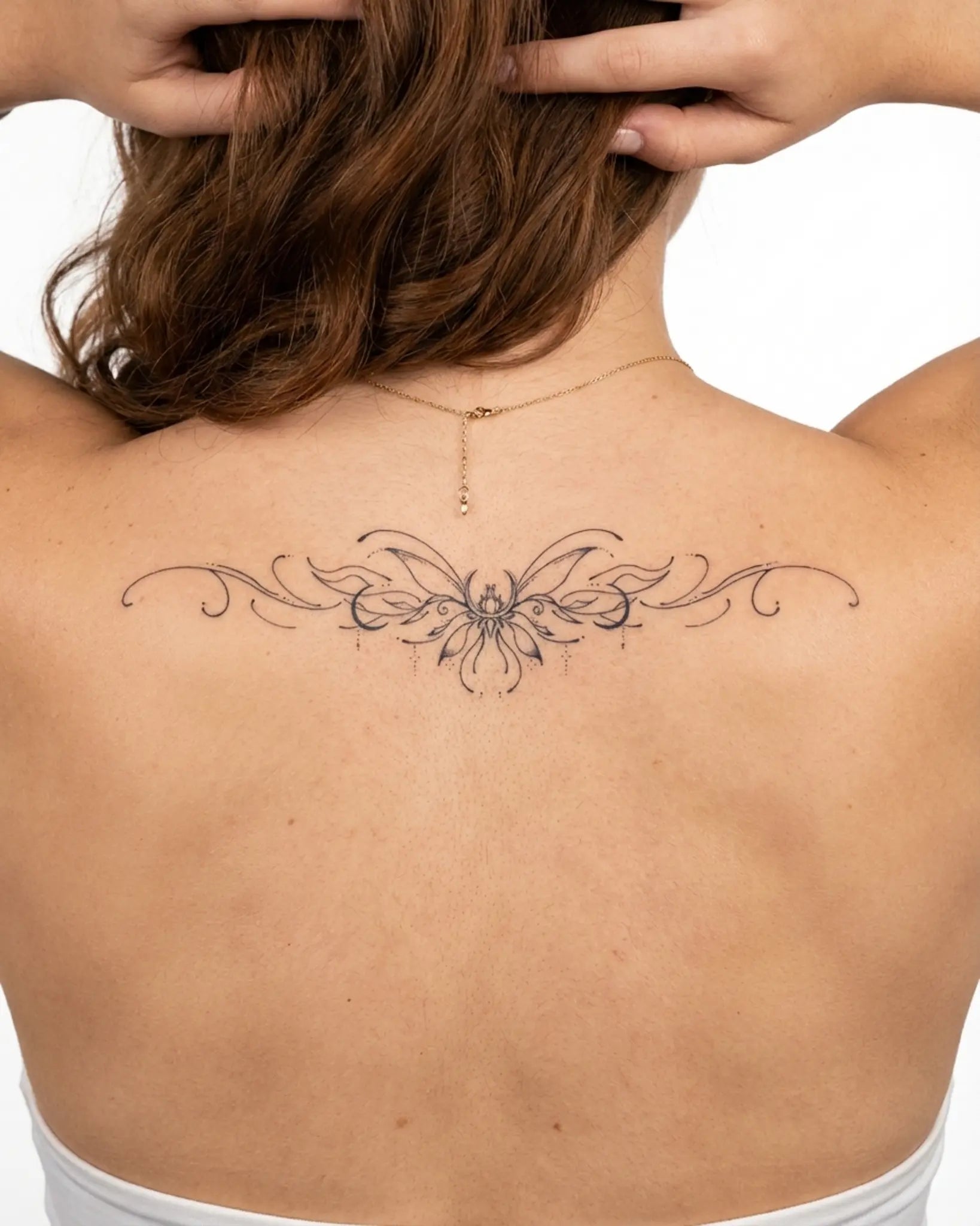INKY Ornate Bloom semi-permanent tattoo applied on a woman – 4 x 8 in (11x20 cm) design, realistic ink look, lasts 10 days