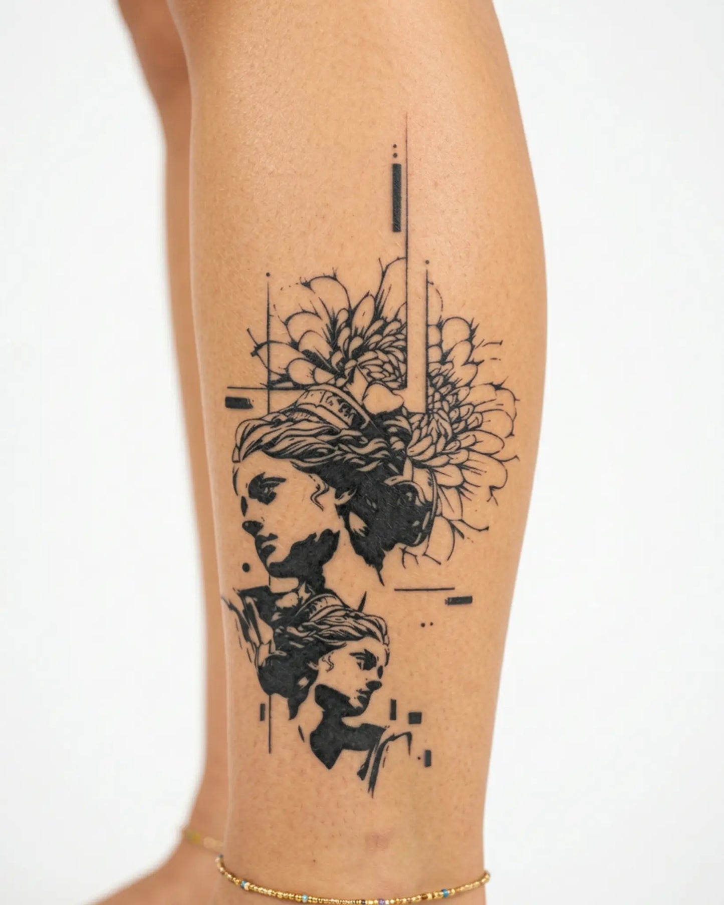 INKY Sculpted Bloo semi-permanent tattoo applied on a woman – 4 x 8 in (11x20 cm) design, realistic ink look, lasts 10 days