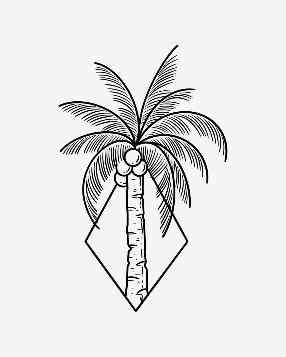 Geo Palm semi-permanent tattoo design by INKY – Palm Tree, Line Art, Fine Line, Diamond, Geometric illustration, 2 x 2 in (4x4 cm), available at inkytatt.com