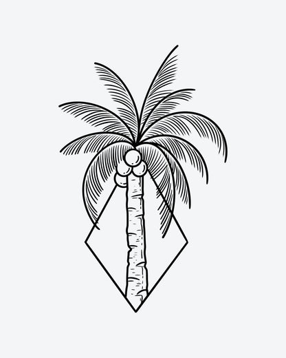 Geo Palm semi-permanent tattoo design by INKY – Palm Tree, Line Art, Fine Line, Diamond, Geometric illustration, 2 x 2 in (4x4 cm), available at inkytatt.com