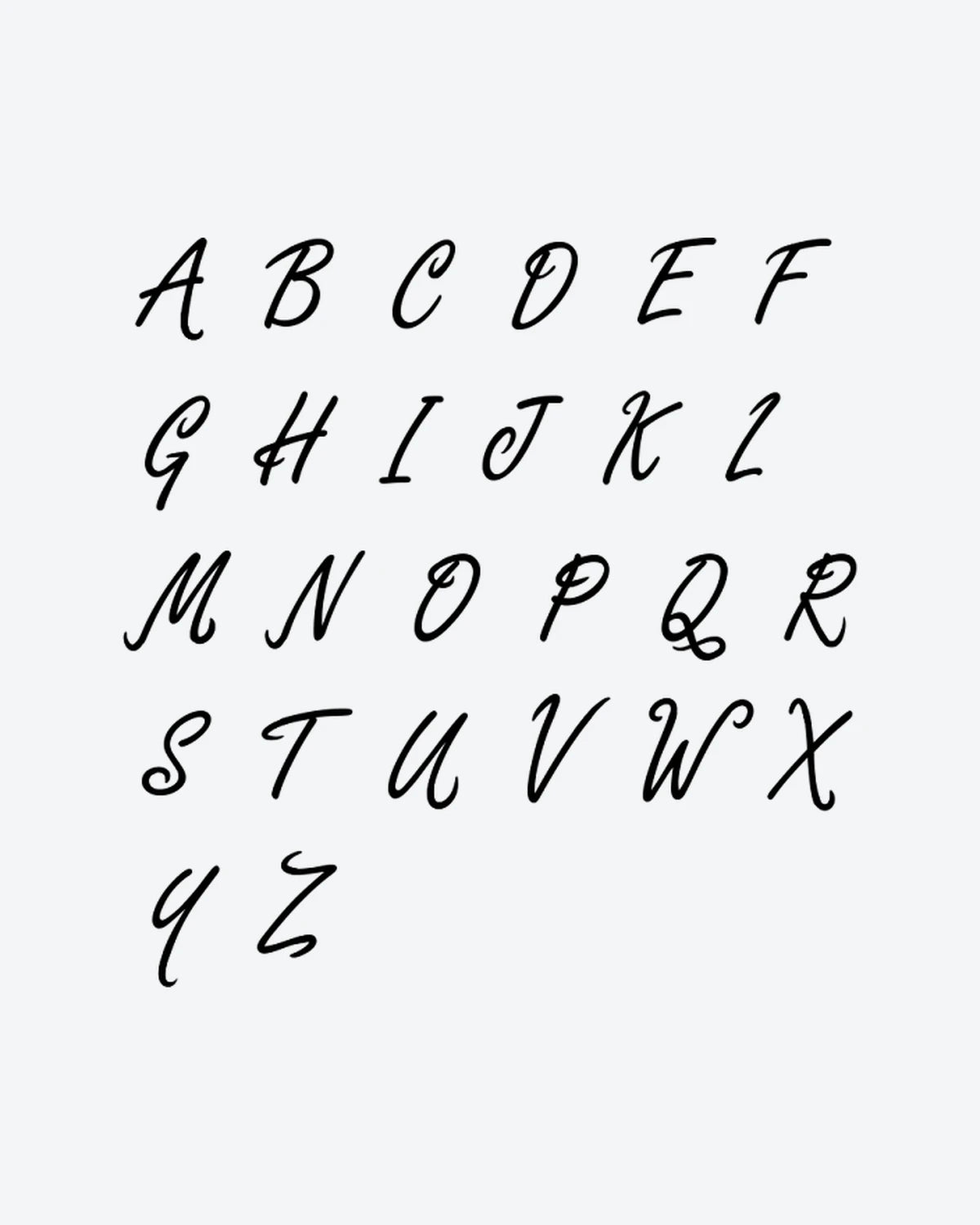 Script A-Z semi-permanent tattoo design by INKY – Fine Line illustration, 3 x 3 in (7x7 cm), available at inkytatt.com