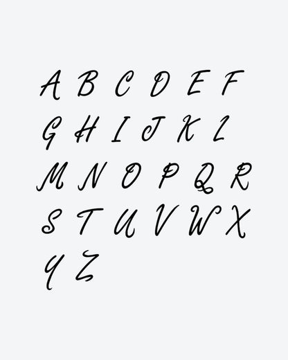 Script A-Z semi-permanent tattoo design by INKY – Fine Line illustration, 3 x 3 in (7x7 cm), available at inkytatt.com