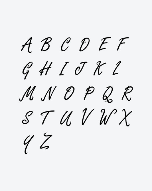 Script A-Z semi-permanent tattoo design by INKY – Fine Line illustration, 3 x 3 in (7x7 cm), available at inkytatt.com