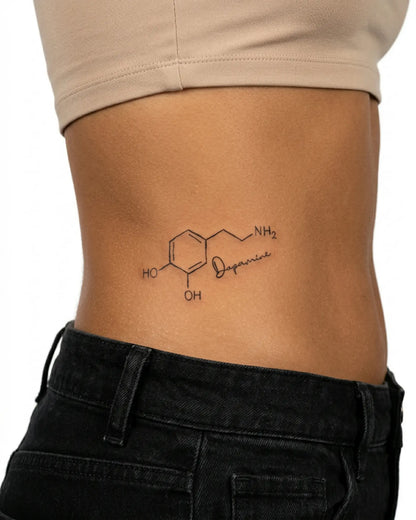 INKY Dopamine Chem 2 semi-permanent tattoo applied on a woman – 3 x 3 in (7x7 cm) design, realistic ink look, lasts 10 days