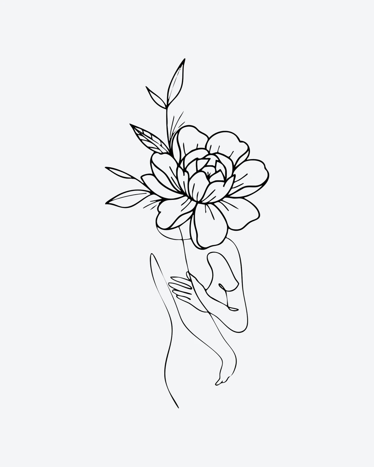 Floral Embrac semi-permanent tattoo design by INKY – Line Art, Fine Line, Flower, Peony illustration, 2 x 4 in (6x10 cm), available at inkytatt.com