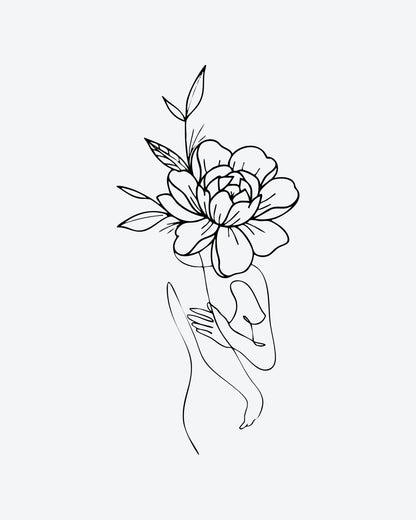 Floral Embrac semi-permanent tattoo design by INKY – Line Art, Fine Line, Flower, Peony illustration, 2 x 4 in (6x10 cm), available at inkytatt.com