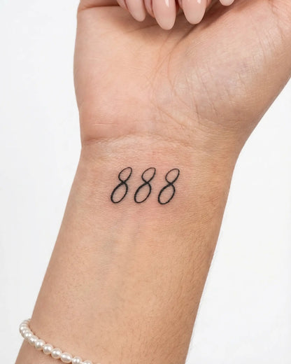 INKY Lucky 888 semi-permanent tattoo applied on a woman – 2 x 2 in (4x4 cm) design, realistic ink look, lasts 10 days