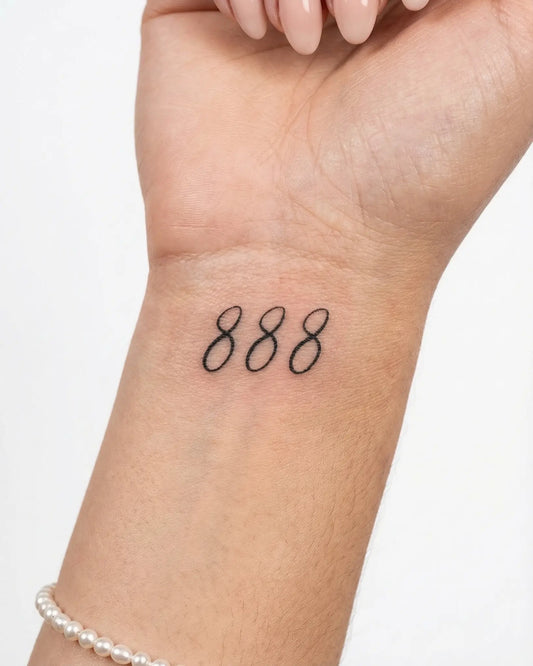 INKY Lucky 888 semi-permanent tattoo applied on a woman – 2 x 2 in (4x4 cm) design, realistic ink look, lasts 10 days