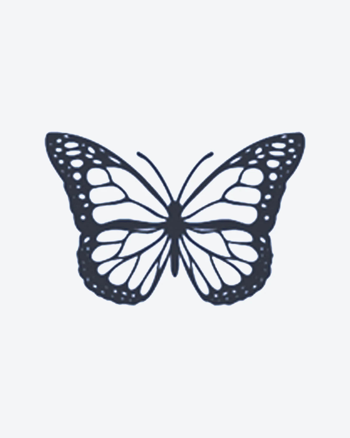 Monarch semi-permanent tattoo design by INKY – Fine Line, Butterfly, Pattern illustration, 0.5 x 0.5 in (1x1 cm), available at inkytatt.com
