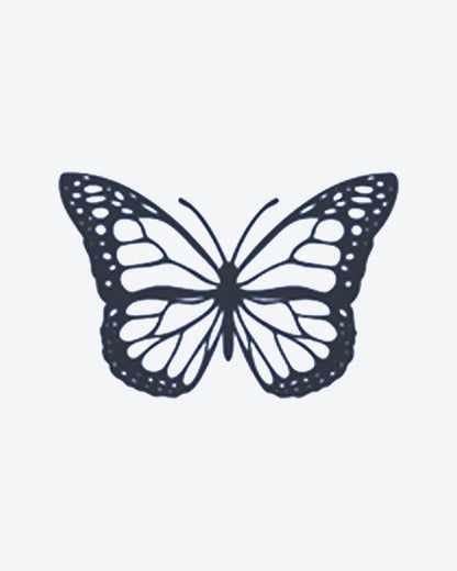 Monarch semi-permanent tattoo design by INKY – Fine Line, Butterfly, Pattern illustration, 0.5 x 0.5 in (1x1 cm), available at inkytatt.com