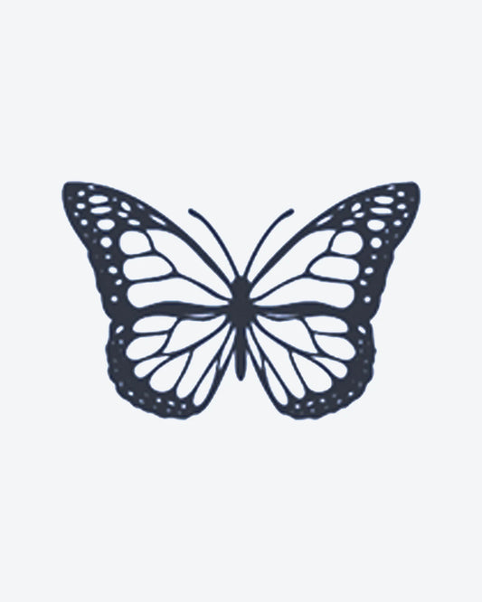Monarch semi-permanent tattoo design by INKY – Fine Line, Butterfly, Pattern illustration, 0.5 x 0.5 in (1x1 cm), available at inkytatt.com
