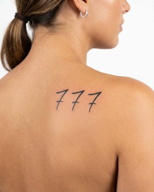 INKY Triple 7s 2 semi-permanent tattoo applied on a woman – 3 x 3 in (7x7 cm) design, realistic ink look, lasts 10 days