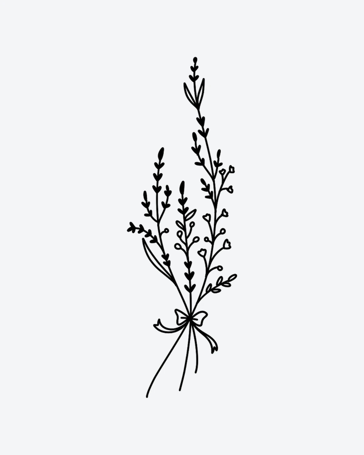 Sprig semi-permanent tattoo design by INKY – Fine Line, Leaves, Ribbon, Bow, Bud illustration, 2 x 4 in (6x10 cm), available at inkytatt.com