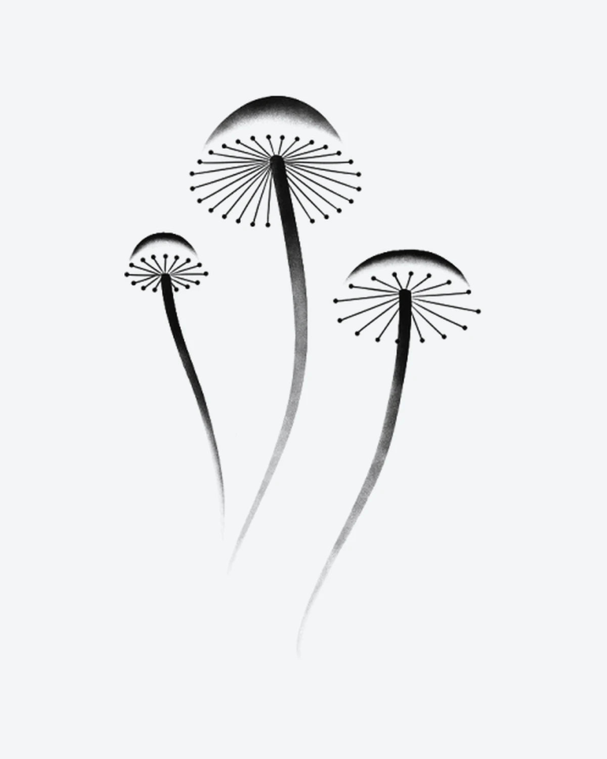 Spore Bloom semi-permanent tattoo design by INKY – Fine Line, Dots, Dotwork, Stem illustration, 2 x 4 in (6x10 cm), available at inkytatt.com