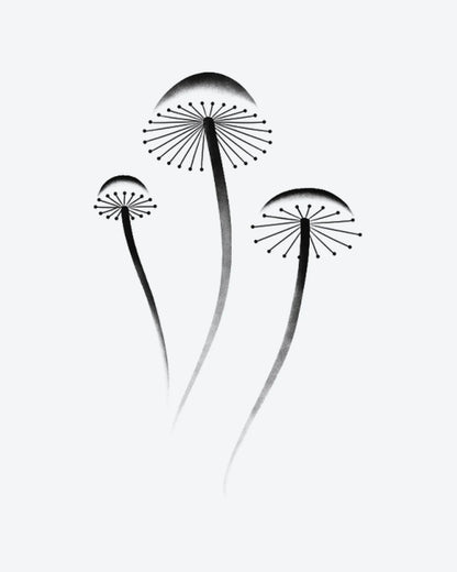 Spore Bloom semi-permanent tattoo design by INKY – Fine Line, Dots, Dotwork, Stem illustration, 2 x 4 in (6x10 cm), available at inkytatt.com