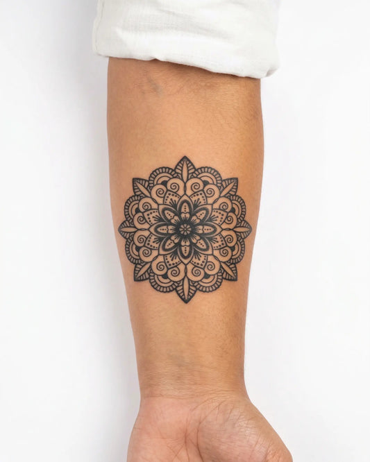 INKY Zen Mandala semi-permanent tattoo applied on a woman – 3 x 3 in (7x7 cm) design, realistic ink look, lasts 10 days