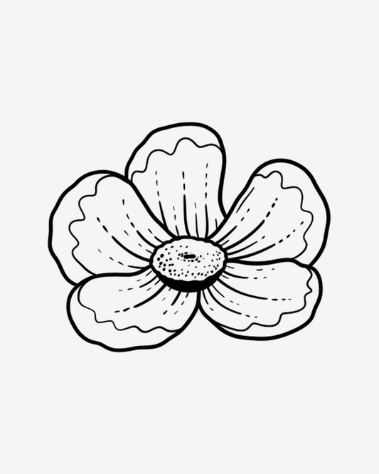 Bloom Art semi-permanent tattoo design by INKY – Flower, Lines, Hand, Petal, Bloom illustration, 2 x 2 in (4x4 cm), available at inkytatt.com