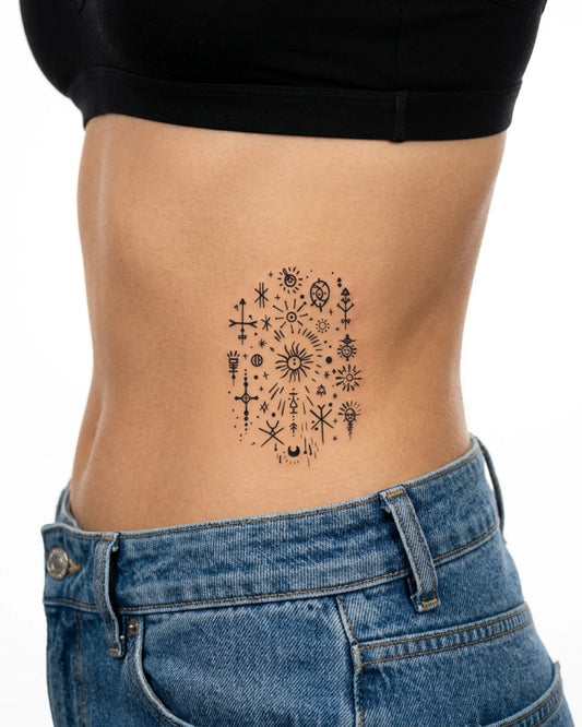 INKY Mystic Glyphs semi-permanent tattoo applied on a woman – 3 x 3 in (7x7 cm) design, realistic ink look, lasts 10 days