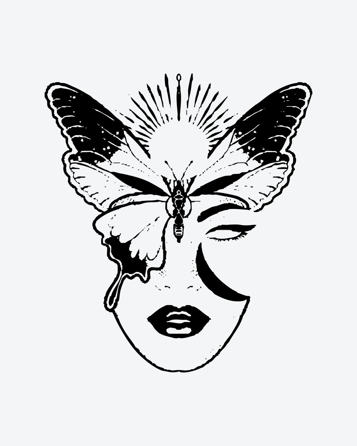 Mystic Beauty semi-permanent tattoo design by INKY – Crescent Moon, Fine Line, Butterfly, Eye, Face illustration, 3 x 4 in (7x10 cm), available at inkytatt.com
