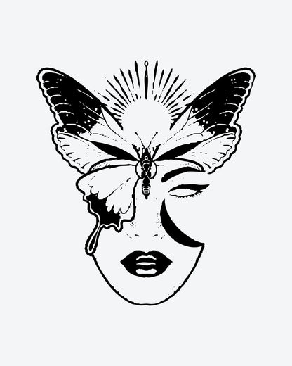 Mystic Beauty semi-permanent tattoo design by INKY – Crescent Moon, Fine Line, Butterfly, Eye, Face illustration, 3 x 4 in (7x10 cm), available at inkytatt.com