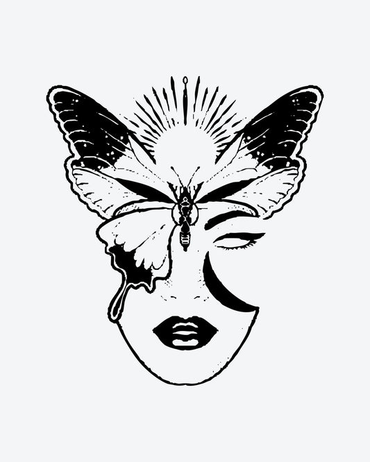 Mystic Beauty semi-permanent tattoo design by INKY – Crescent Moon, Fine Line, Butterfly, Eye, Face illustration, 3 x 4 in (7x10 cm), available at inkytatt.com