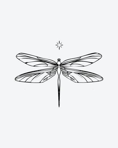 DreamFly semi-permanent tattoo design by INKY – Fine Line, Dragonfly, Sparkle, Wings illustration, 2 x 2 in (4x4 cm), available at inkytatt.com
