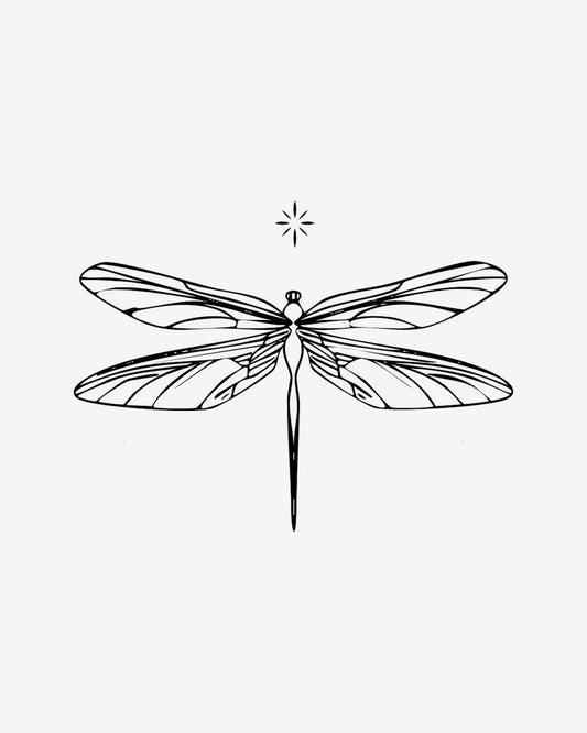 DreamFly semi-permanent tattoo design by INKY – Fine Line, Dragonfly, Sparkle, Wings illustration, 2 x 2 in (4x4 cm), available at inkytatt.com