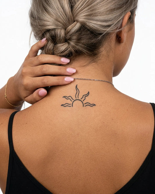 INKY Sun Rise semi-permanent tattoo applied on a woman – 2 x 2 in (4x4 cm) design, realistic ink look, lasts 10 days