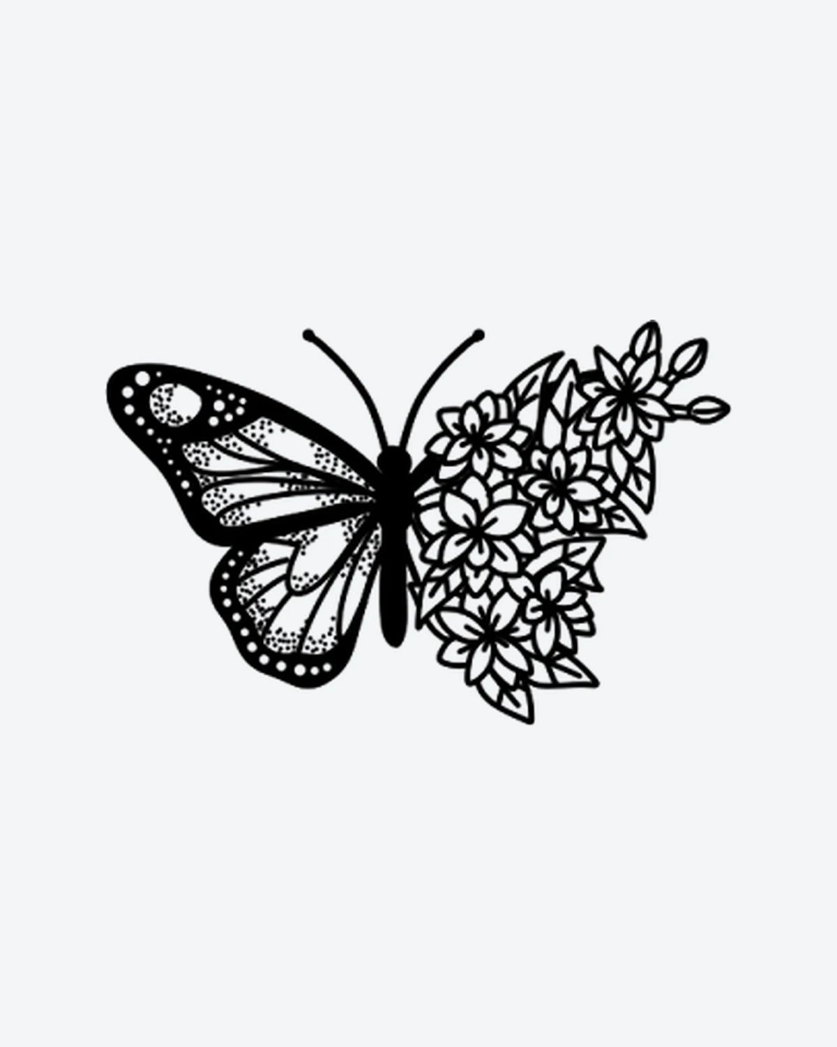 Butterbloom semi-permanent tattoo design by INKY – Fine Line, Leaves, Butterfly, Dotwork, Pattern illustration, 2 x 2 in (4x4 cm), available at inkytatt.com