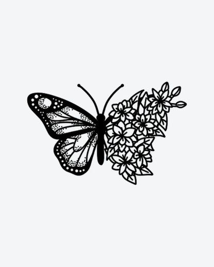 Butterbloom semi-permanent tattoo design by INKY – Fine Line, Leaves, Butterfly, Dotwork, Pattern illustration, 2 x 2 in (4x4 cm), available at inkytatt.com