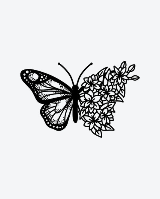 Butterbloom semi-permanent tattoo design by INKY – Fine Line, Leaves, Butterfly, Dotwork, Pattern illustration, 2 x 2 in (4x4 cm), available at inkytatt.com