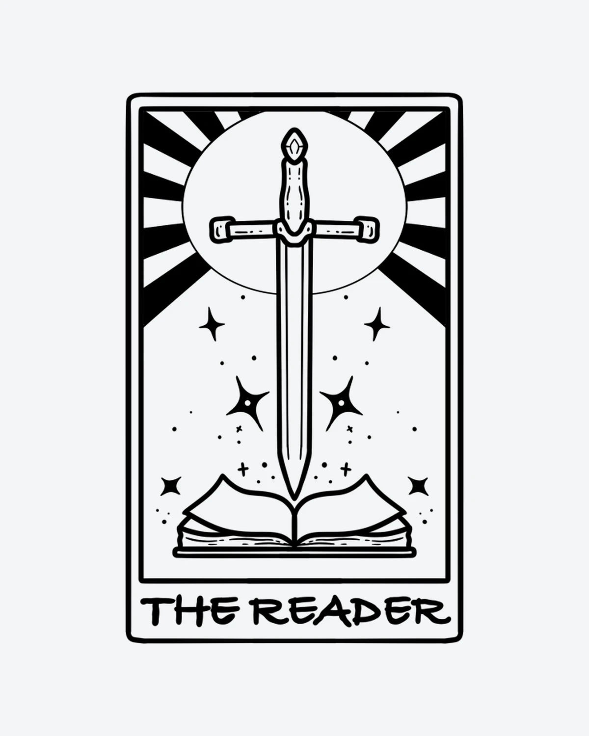 The Reader semi-permanent tattoo design by INKY – Line Art, Sun, Moon, Star, Sword illustration, 2 x 4 in (6x10 cm), available at inkytatt.com