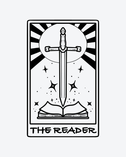 The Reader semi-permanent tattoo design by INKY – Line Art, Sun, Moon, Star, Sword illustration, 2 x 4 in (6x10 cm), available at inkytatt.com