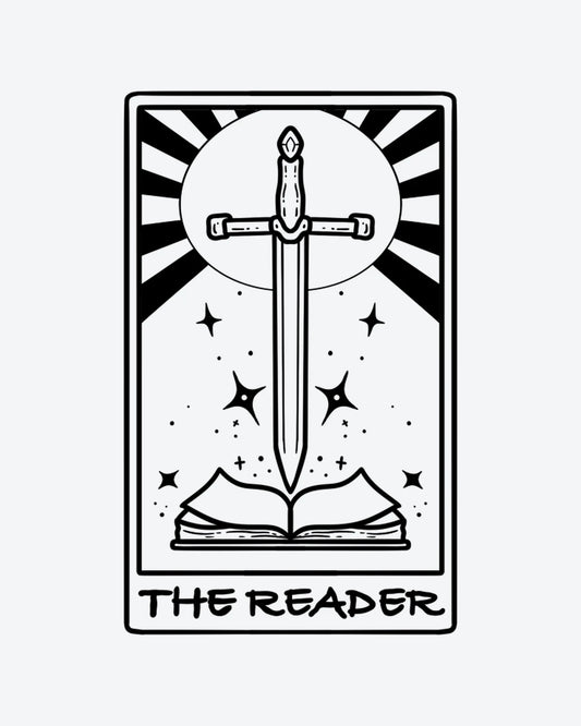 The Reader semi-permanent tattoo design by INKY – Line Art, Sun, Moon, Star, Sword illustration, 2 x 4 in (6x10 cm), available at inkytatt.com