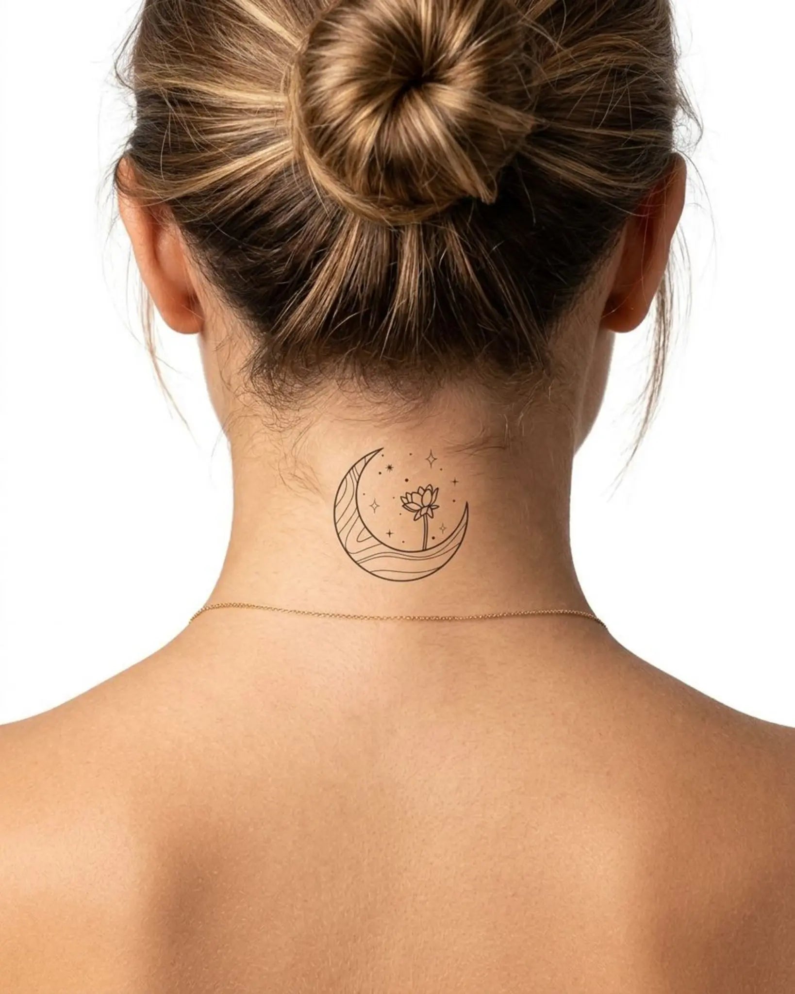 INKY Lunar Lotus semi-permanent tattoo applied on a woman – 2 x 2 in (4x4 cm) design, realistic ink look, lasts 10 days