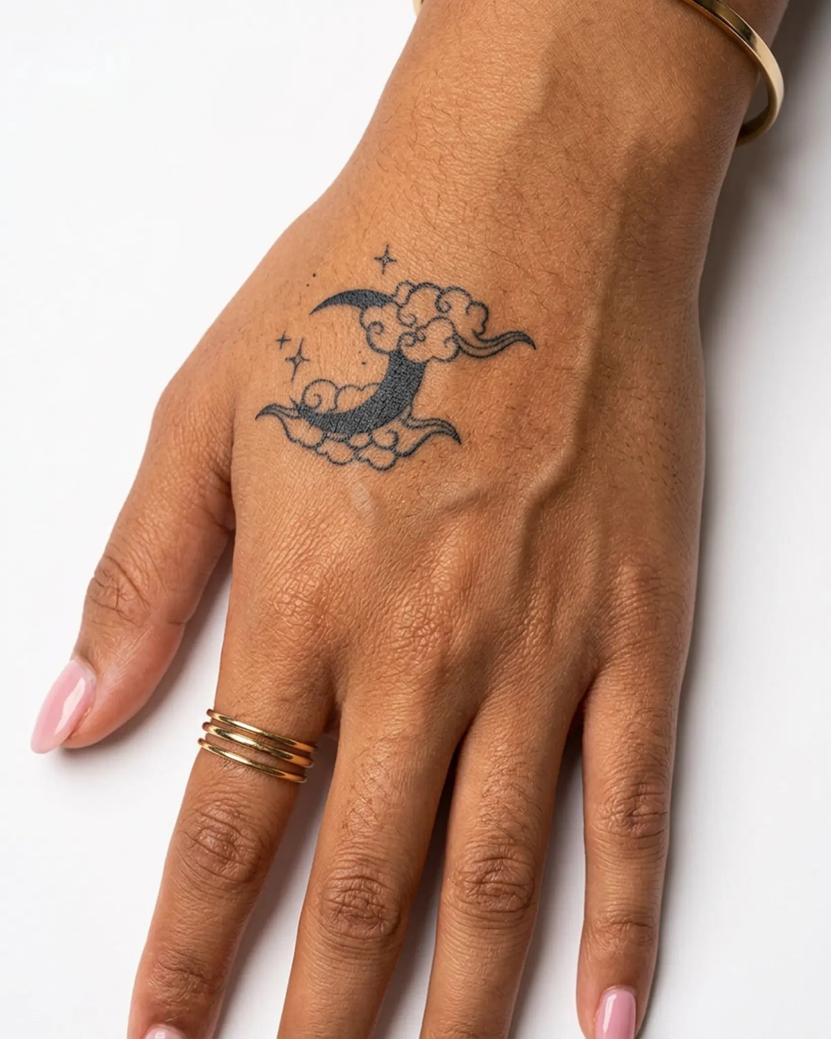 INKY Lunar Dream semi-permanent tattoo applied on a woman – 2 x 2 in (4x4 cm) design, realistic ink look, lasts 10 days
