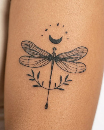 INKY Moon Dragonfl semi-permanent tattoo applied on a woman – 3 x 3 in (7x7 cm) design, realistic ink look, lasts 10 days