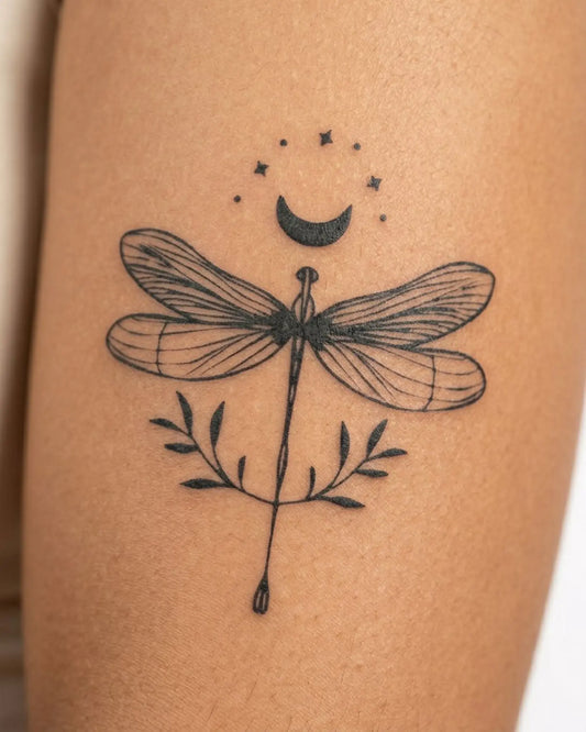 INKY Moon Dragonfl semi-permanent tattoo applied on a woman – 3 x 3 in (7x7 cm) design, realistic ink look, lasts 10 days