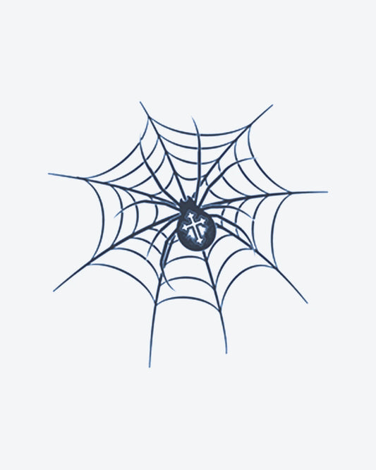 Dark Web semi-permanent tattoo design by INKY – Fine Line, Spider, Cross illustration, 3 x 3 in (7x7 cm), available at inkytatt.com
