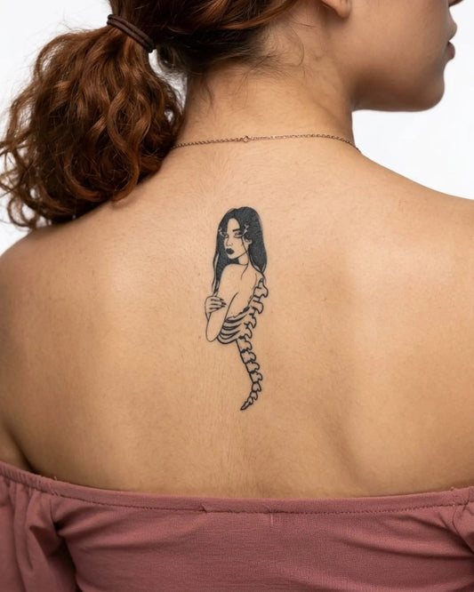 INKY Fiery Spine semi-permanent tattoo applied on a woman – 2 x 4 in (6x10 cm) design, realistic ink look, lasts 10 days