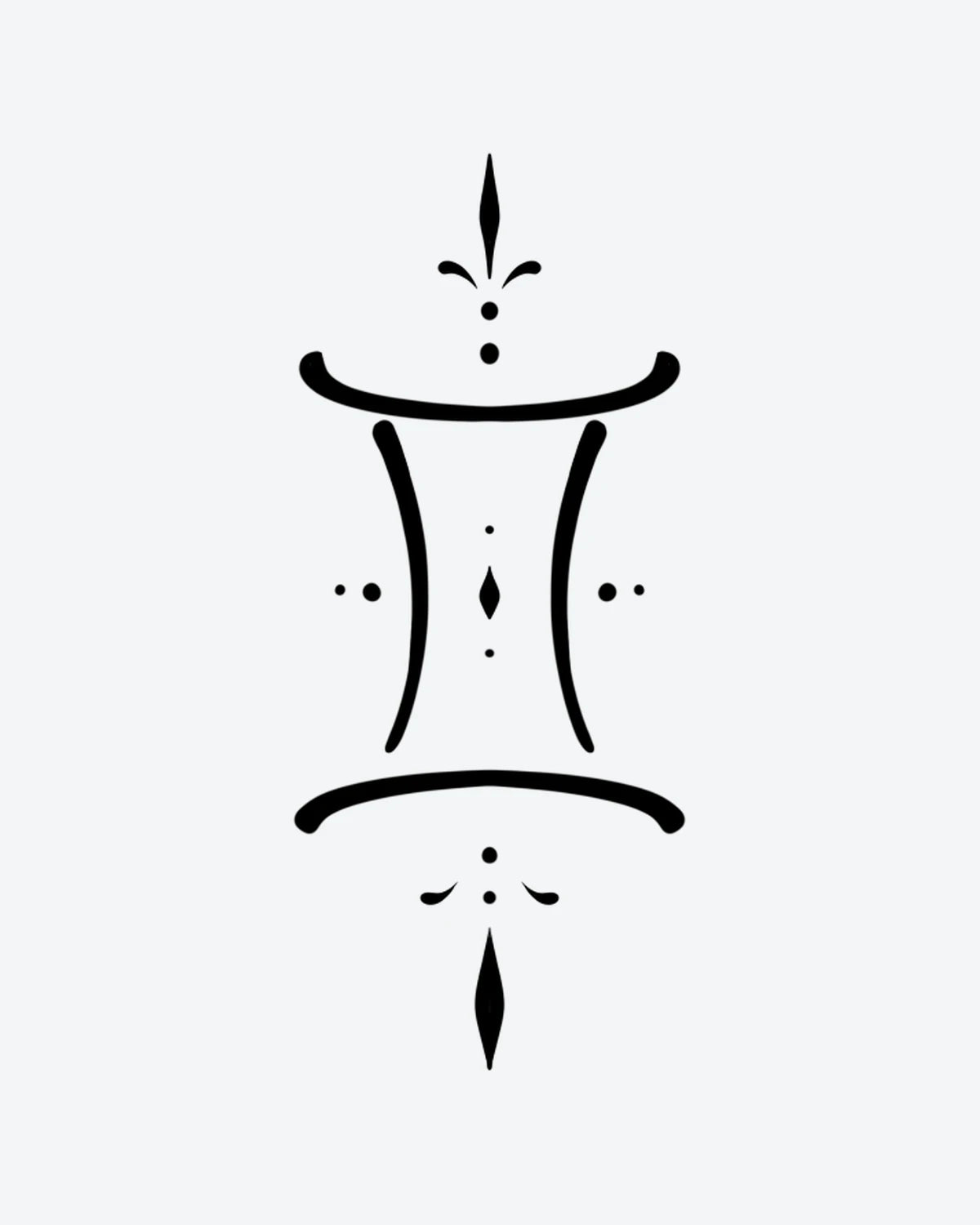 Gemini semi-permanent tattoo design by INKY – Hourglass, Diamond, Dots, Lines, Gemini illustration, 2 x 2 in (4x4 cm), available at inkytatt.com