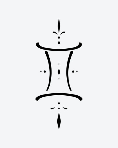 Gemini semi-permanent tattoo design by INKY – Hourglass, Diamond, Dots, Lines, Gemini illustration, 2 x 2 in (4x4 cm), available at inkytatt.com