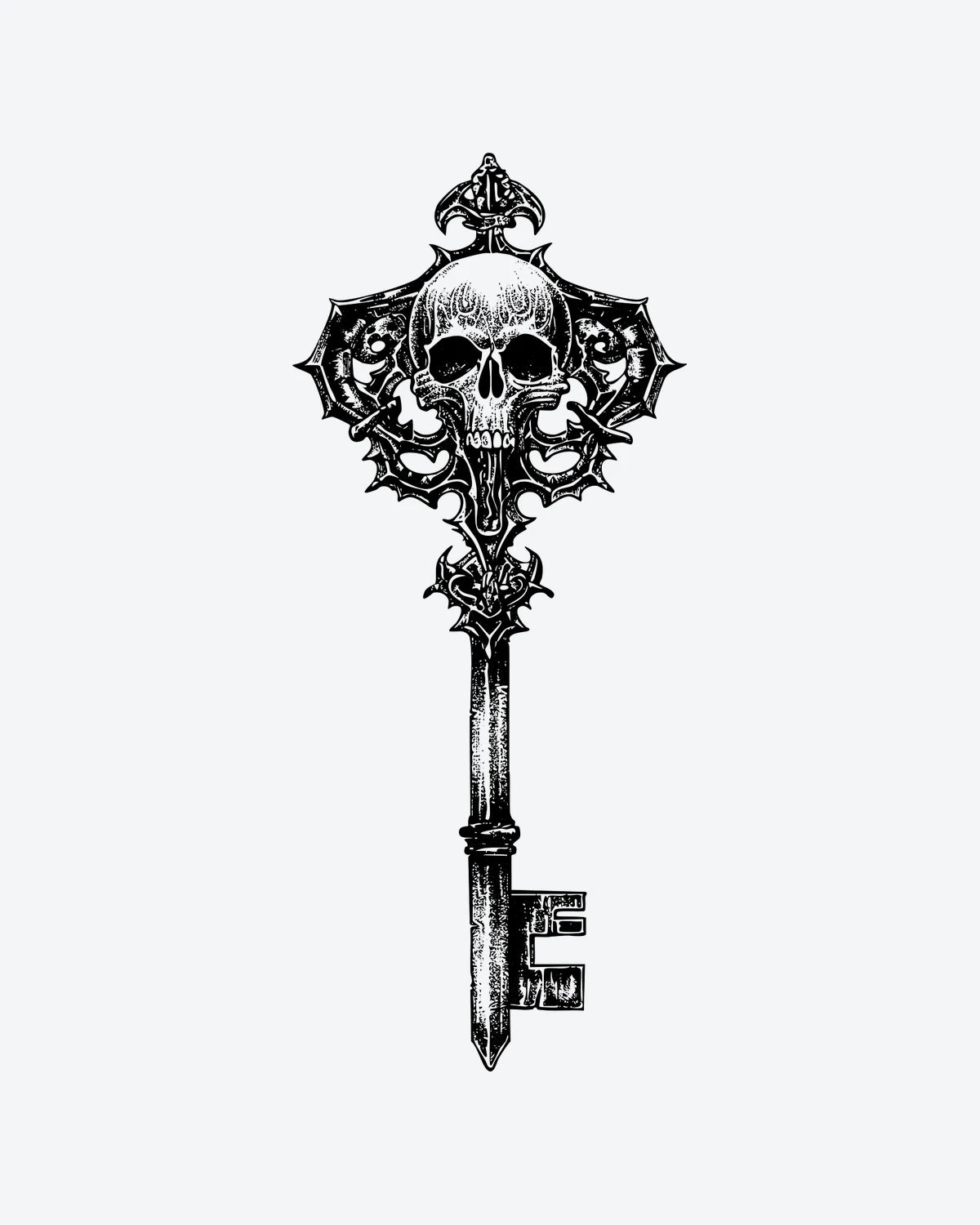 Skull Key semi-permanent tattoo design by INKY – Skull, Key illustration, 2 x 4 in (6x10 cm), available at inkytatt.com