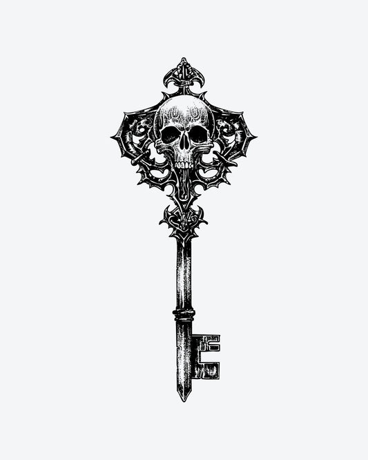 Skull Key semi-permanent tattoo design by INKY – Skull, Key illustration, 2 x 4 in (6x10 cm), available at inkytatt.com